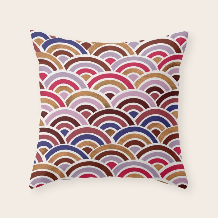 Japanese Seigaiha Wave - Mauve & Gold Palette Throw Pillow Gallery Image 1