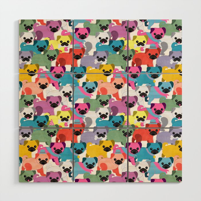 Colored Pugs Pattern - no1 Wood Wall Art Gallery Image 1