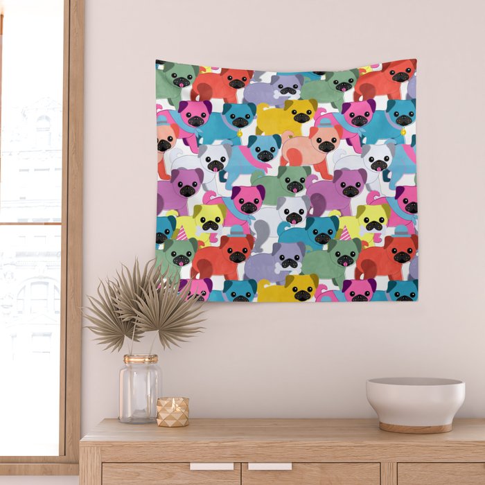 Colored Pugs Pattern - no1 Wall Tapestry Gallery Image 2