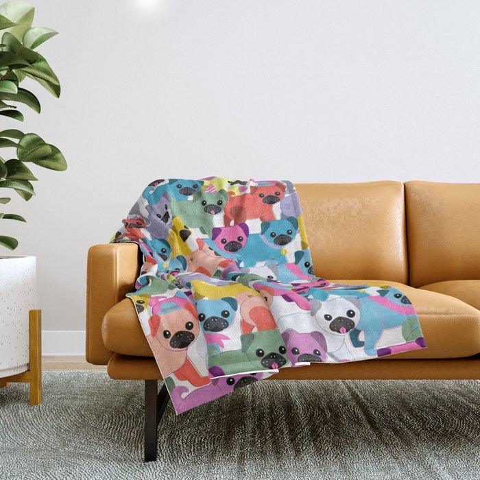 Colored Pugs Pattern - no1 Throw Blanket Gallery Image 1