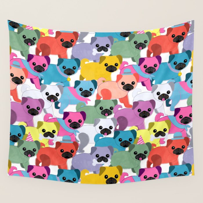 Colored Pugs Pattern - no1 Wall Tapestry Gallery Image 1