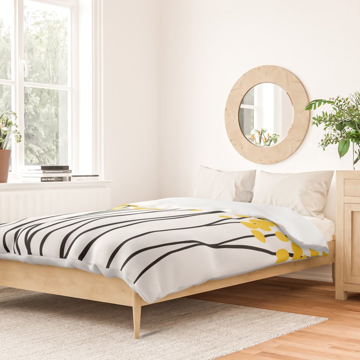 Hello Spring! Yellow/Black Retro Plants on White #decor #society6 #buyart Duvet Cover Gallery Image 2
