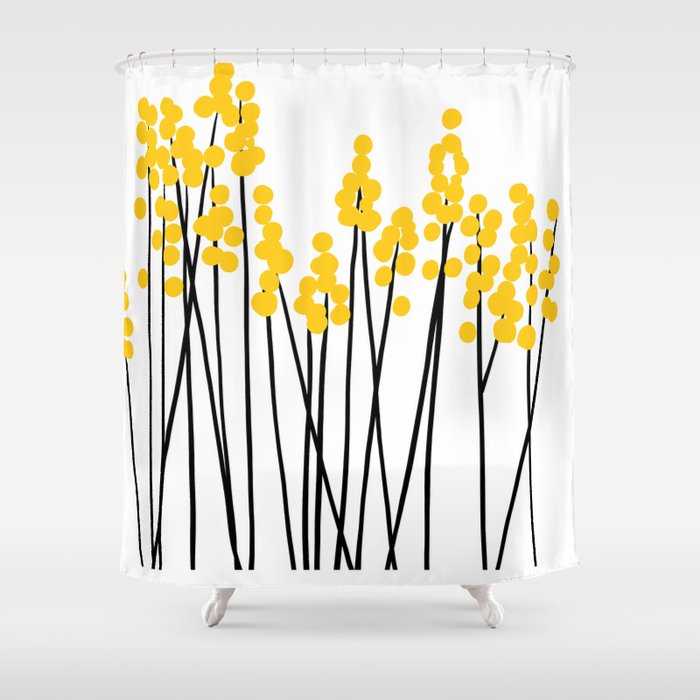 Hello Spring! Yellow/Black Retro Plants on White #decor #society6 #buyart Shower Curtain Gallery Image 1