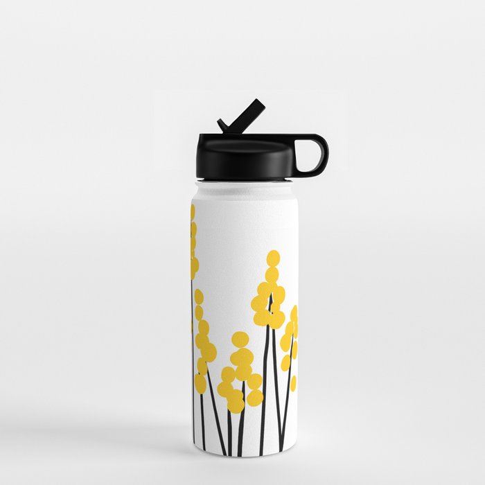Hello Spring! Yellow/Black Retro Plants on White #decor #society6 #buyart Water Bottle Gallery Image 1