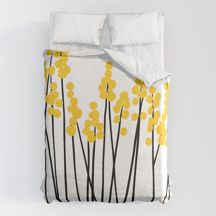 Hello Spring! Yellow/Black Retro Plants on White #decor #society6 #buyart Duvet Cover Gallery Image 1