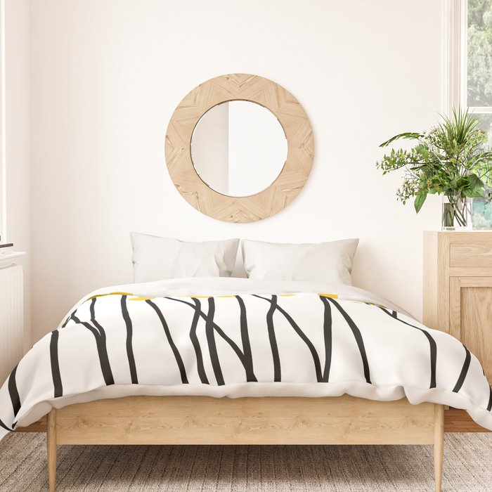 Hello Spring! Yellow/Black Retro Plants on White #decor #society6 #buyart Duvet Cover Gallery Image 3