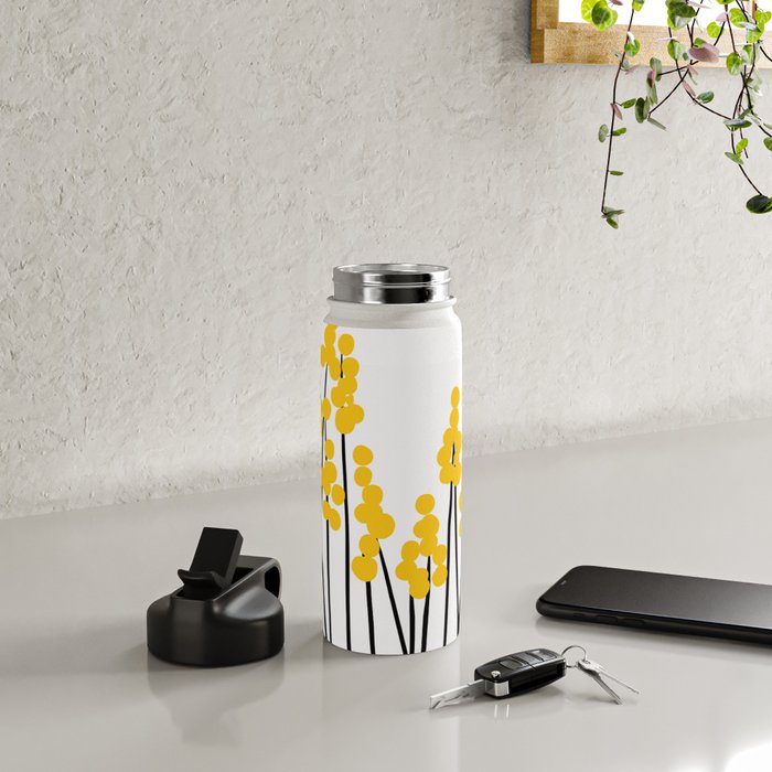 Hello Spring! Yellow/Black Retro Plants on White #decor #society6 #buyart Water Bottle Gallery Image 5
