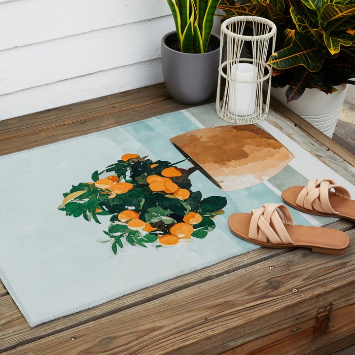 Orange Tree, Plant Pot Nature Botanical Bonsi Illustration, Modern Simple Bohemian Painting Outdoor Rug Gallery Image 2