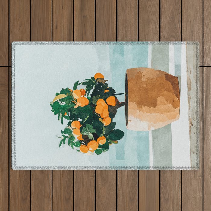 Orange Tree, Plant Pot Nature Botanical Bonsi Illustration, Modern Simple Bohemian Painting Outdoor Rug Gallery Image 1