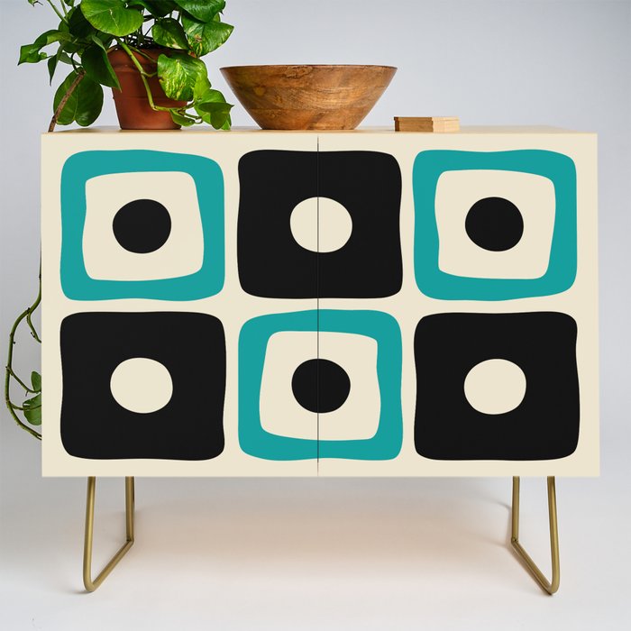 Mid Century Modern Square Dot Pattern 593 Black and Turquoise Credenza Gallery Image 1