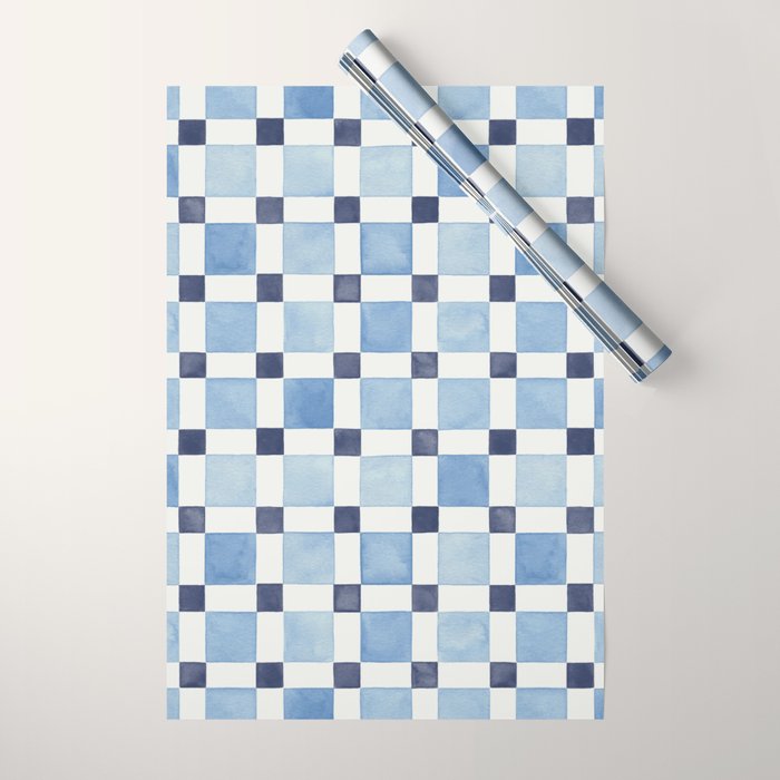 Mosaic plaids geometric pattern watercolor Soft blue Wrapping Paper Gallery Image 1