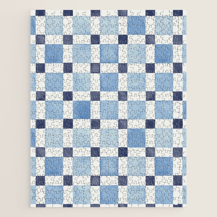 Mosaic plaids geometric pattern watercolor Soft blue Jigsaw Puzzle Gallery Image 1