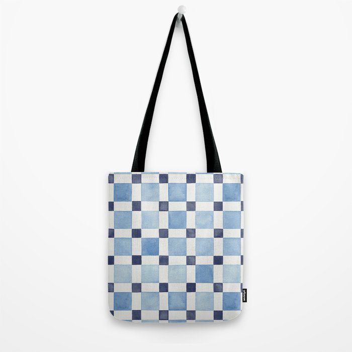 Mosaic plaids geometric pattern watercolor Soft blue Tote Bag Gallery Image 2