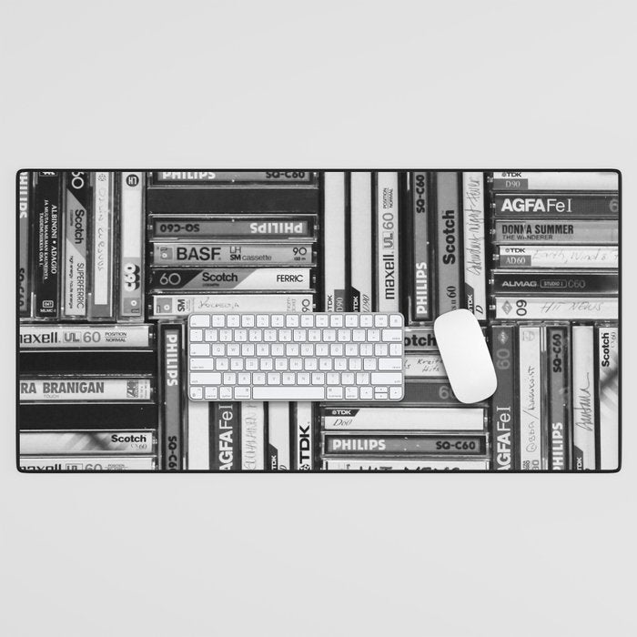 Music Cassette Stacks - Black and White - Something Nostalgic IV #decor #society6 #buyart Desk Mat Gallery Image 1