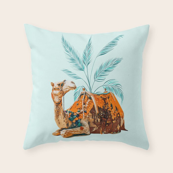 Camel Ride, Modern Bohemian Eclectic Animals, India Culture Travel Palm Desert Painting Throw Pillow Gallery Image 1