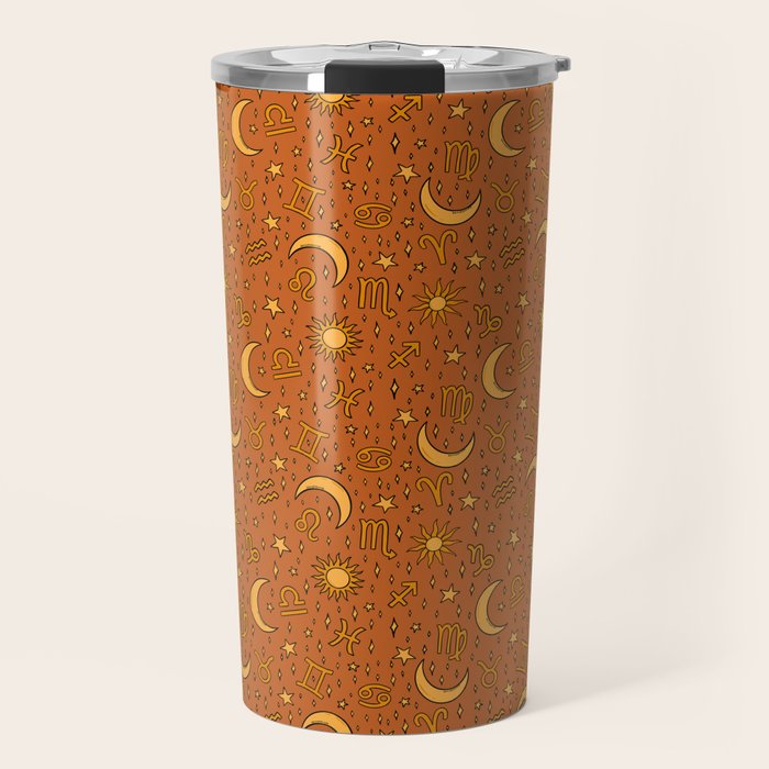 Zodiac Sun and Star Print in Rust Travel Mug Gallery Image 1