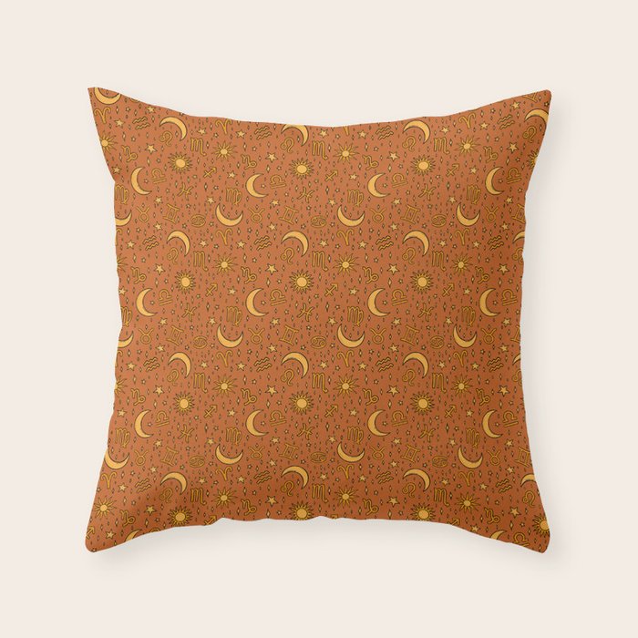 Zodiac Sun and Star Print in Rust Throw Pillow Gallery Image 6