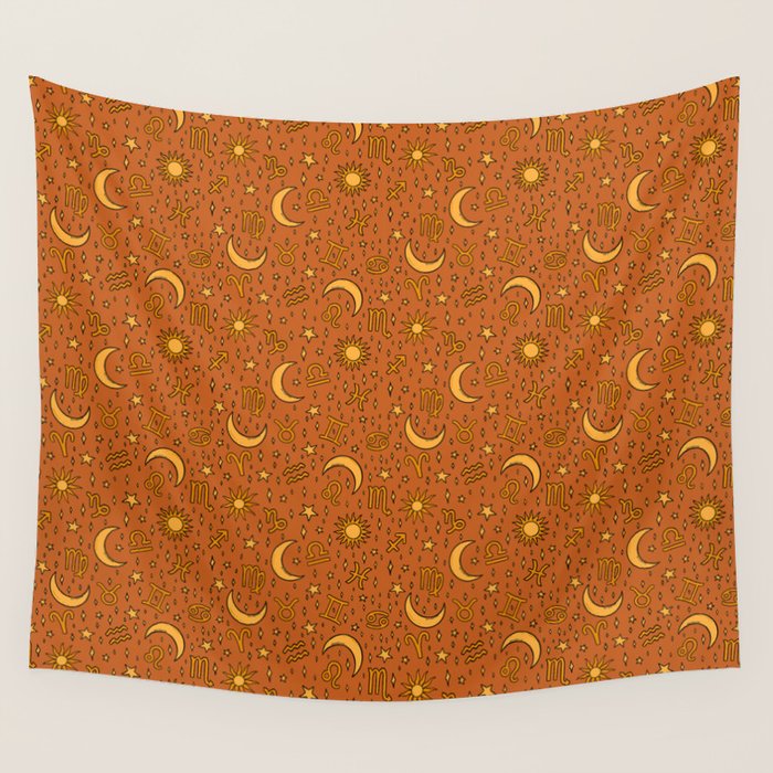 Zodiac Sun and Star Print in Rust Wall Tapestry Gallery Image 4