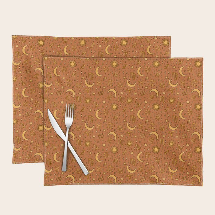 Zodiac Sun and Star Print in Rust Placemat Gallery Image 1