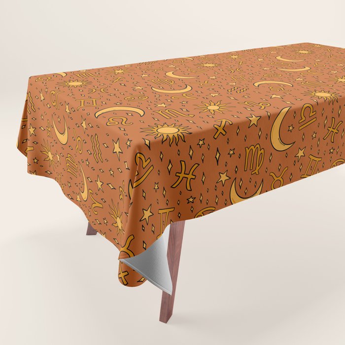 Zodiac Sun and Star Print in Rust Tablecloth Gallery Image 1