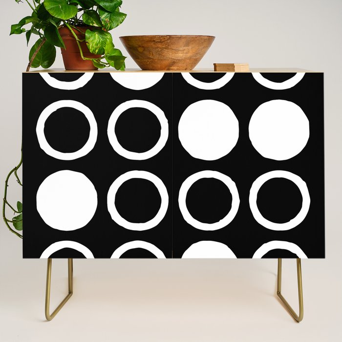 Mid Century Modern Circle and Dot Pattern 232 Black and White Credenza Gallery Image 1
