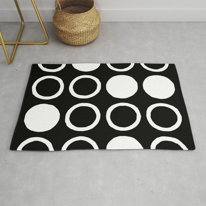 Mid Century Modern Circle and Dot Pattern 232 Black and White Rug Gallery Image 1