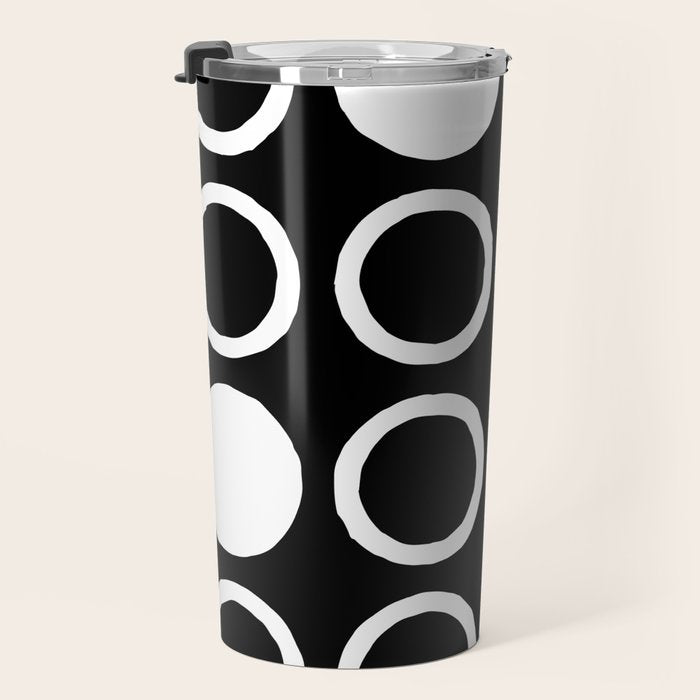 Mid Century Modern Circle and Dot Pattern 232 Black and White Travel Mug Gallery Image 3