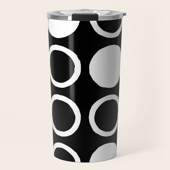 Mid Century Modern Circle and Dot Pattern 232 Black and White Travel Mug Gallery Image 1