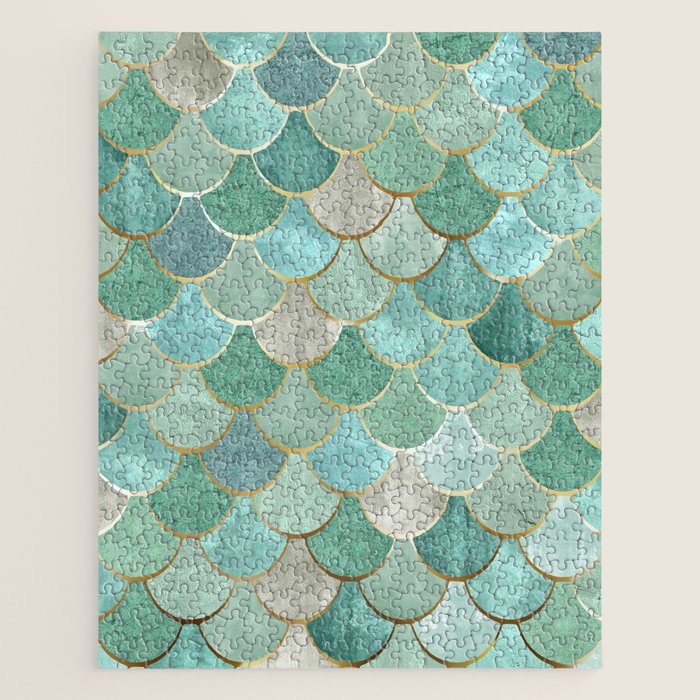 Moroccan Mermaid Fish Scale Pattern, Green and Gold Jigsaw Puzzle Gallery Image 1
