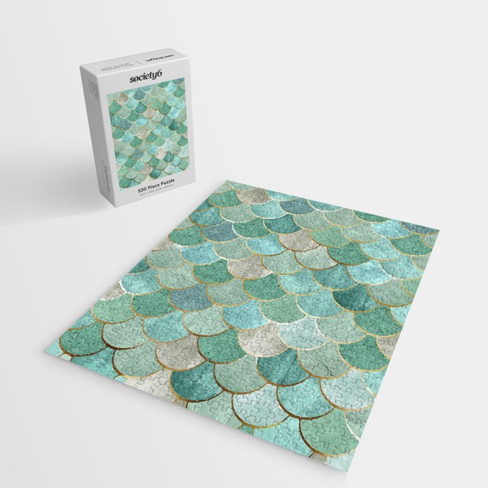 Moroccan Mermaid Fish Scale Pattern, Green and Gold Jigsaw Puzzle Gallery Image 2