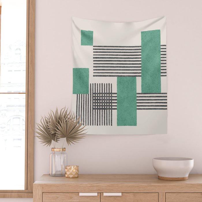 Stripes and Square Green Composition - Abstract Wall Tapestry Gallery Image 2