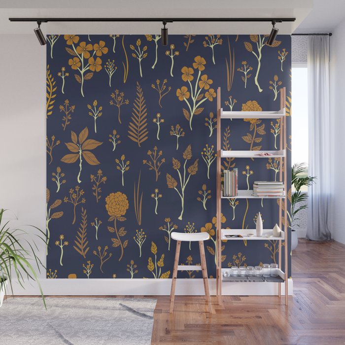 Navy Blue & Mustard Yellow Floral Pattern Wall Mural Gallery Image 1