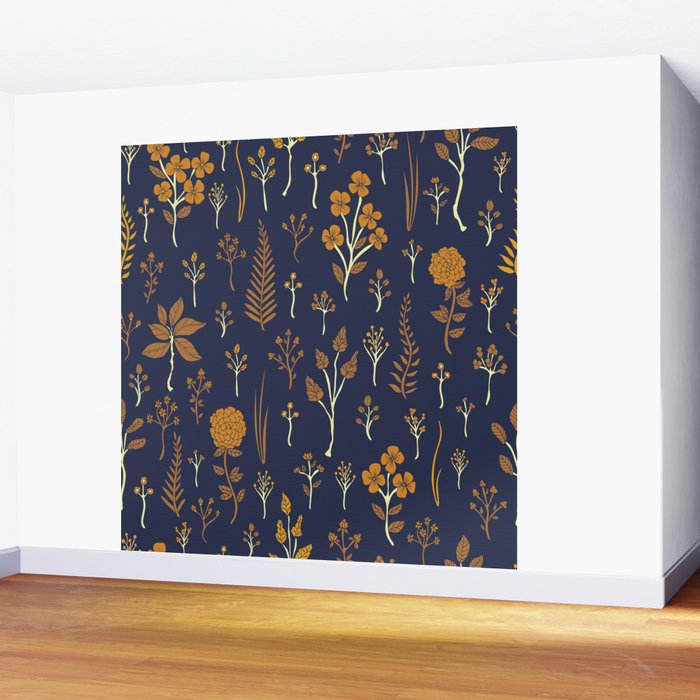 Navy Blue & Mustard Yellow Floral Pattern Wall Mural Gallery Image 2