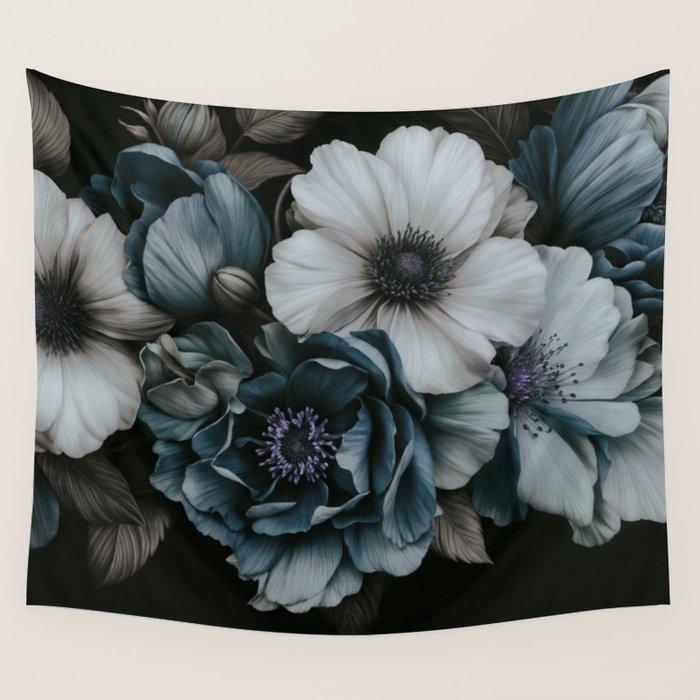 Twilight Floral Symphony In Turquoise Ivory Baroque Tones Wall Tapestry Gallery Image 1