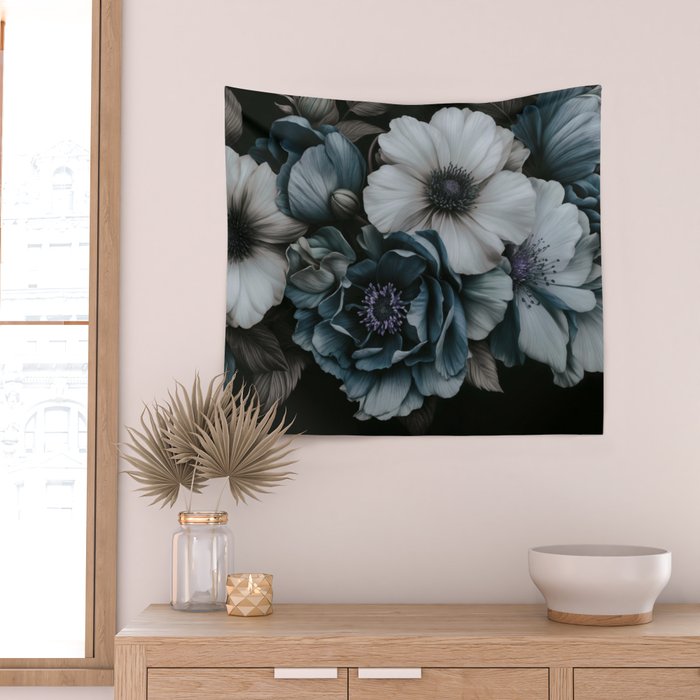 Twilight Floral Symphony In Turquoise Ivory Baroque Tones Wall Tapestry Gallery Image 2