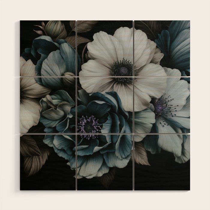 Twilight Floral Symphony In Turquoise Ivory Baroque Tones Wood Wall Art Gallery Image 1