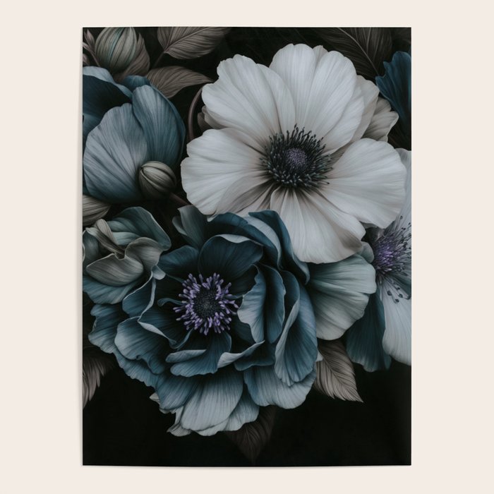 Twilight Floral Symphony In Turquoise Ivory Baroque Tones Poster Gallery Image 1