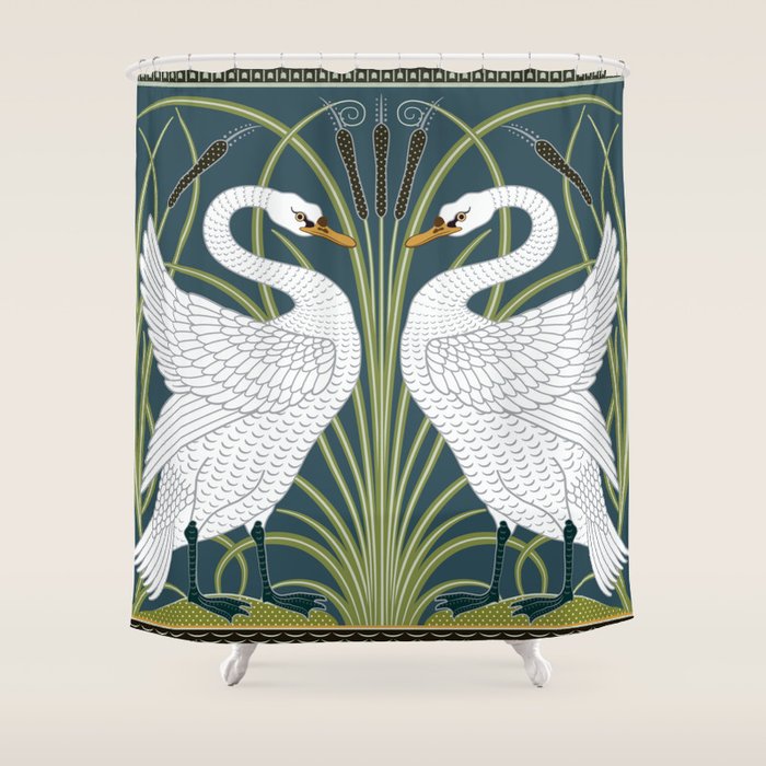 Walter Crane Swans Rush and Iris Vintage Swan Blue & White Design Shower Curtain Gallery Image 1