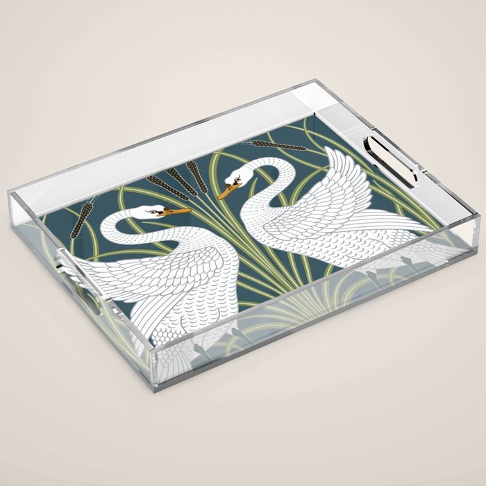 Walter Crane Swans Rush and Iris Vintage Swan Blue & White Design Acrylic Tray Gallery Image 1