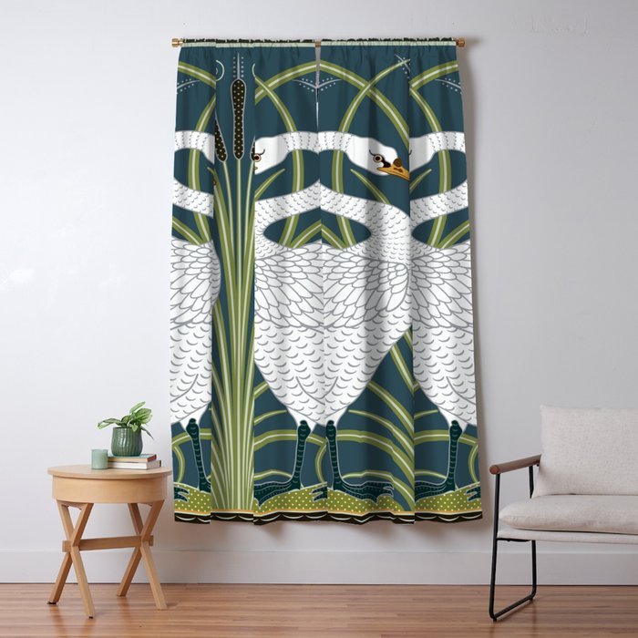 Walter Crane Swans Rush and Iris Vintage Swan Blue & White Design Window Curtain Gallery Image 1