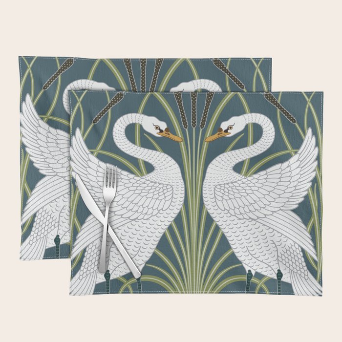 Walter Crane Swans Rush and Iris Vintage Swan Blue & White Design Placemat Gallery Image 1