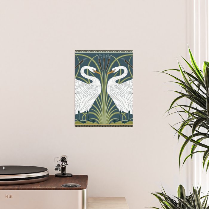 Walter Crane Swans Rush and Iris Vintage Swan Blue & White Design Poster Gallery Image 2