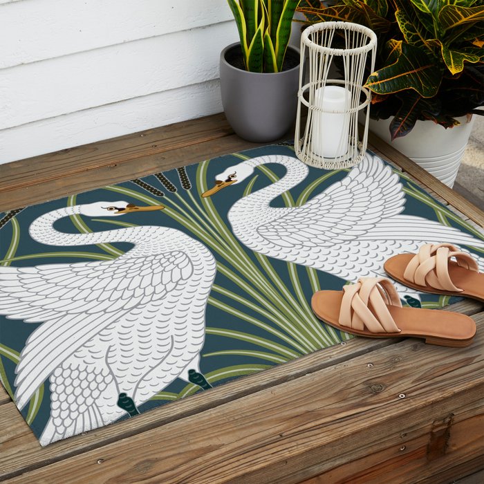 Walter Crane Swans Rush and Iris Vintage Swan Blue & White Design Outdoor Rug Gallery Image 2