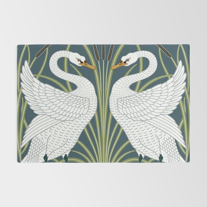 Walter Crane Swans Rush and Iris Vintage Swan Blue & White Design Rug Gallery Image 2