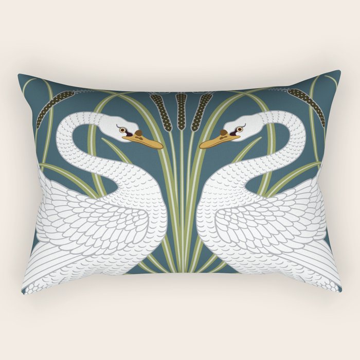 Walter Crane Swans Rush and Iris Vintage Swan Blue & White Design Rectangular Pillow Gallery Image 1