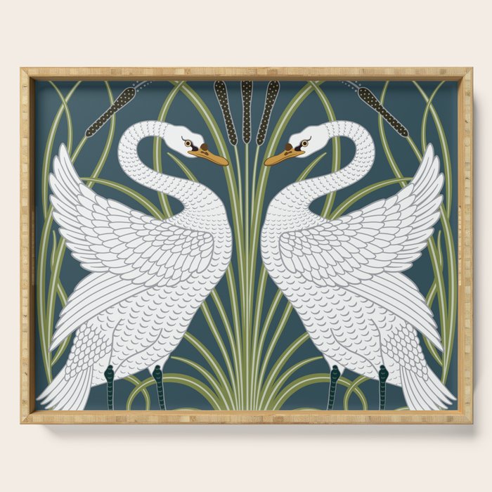 Walter Crane Swans Rush and Iris Vintage Swan Blue & White Design Serving Tray Gallery Image 1