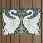 Walter Crane Swans Rush and Iris Vintage Swan Blue & White Design Outdoor Rug Gallery Image 1