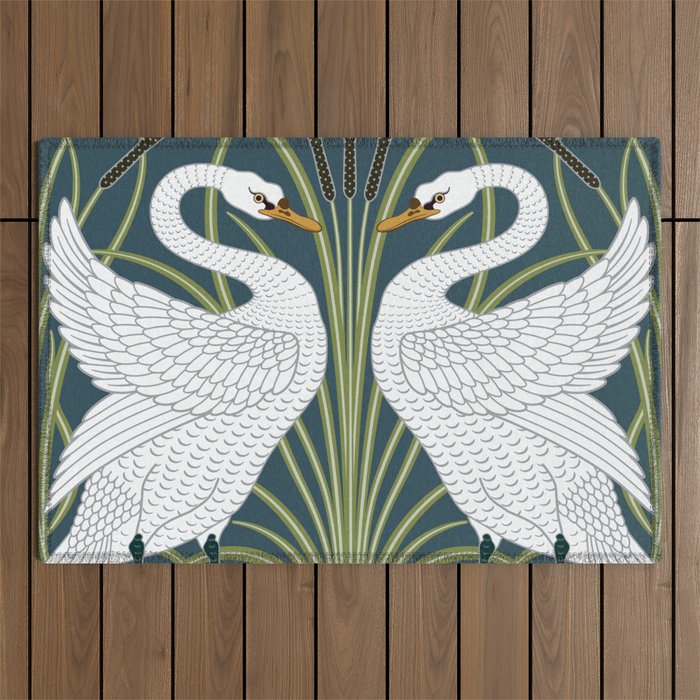 Walter Crane Swans Rush and Iris Vintage Swan Blue & White Design Outdoor Rug Gallery Image 1