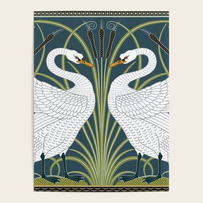 Walter Crane Swans Rush and Iris Vintage Swan Blue & White Design Poster Gallery Image 1