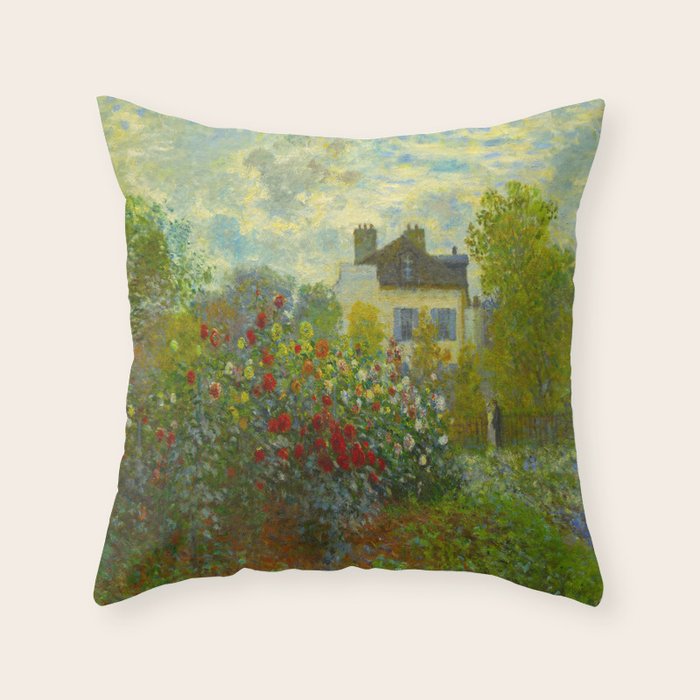 Claude Monet Impressionist Landscape Oil Painting A Corner of the Garden with Dahliass Throw Pillow Gallery Image 1